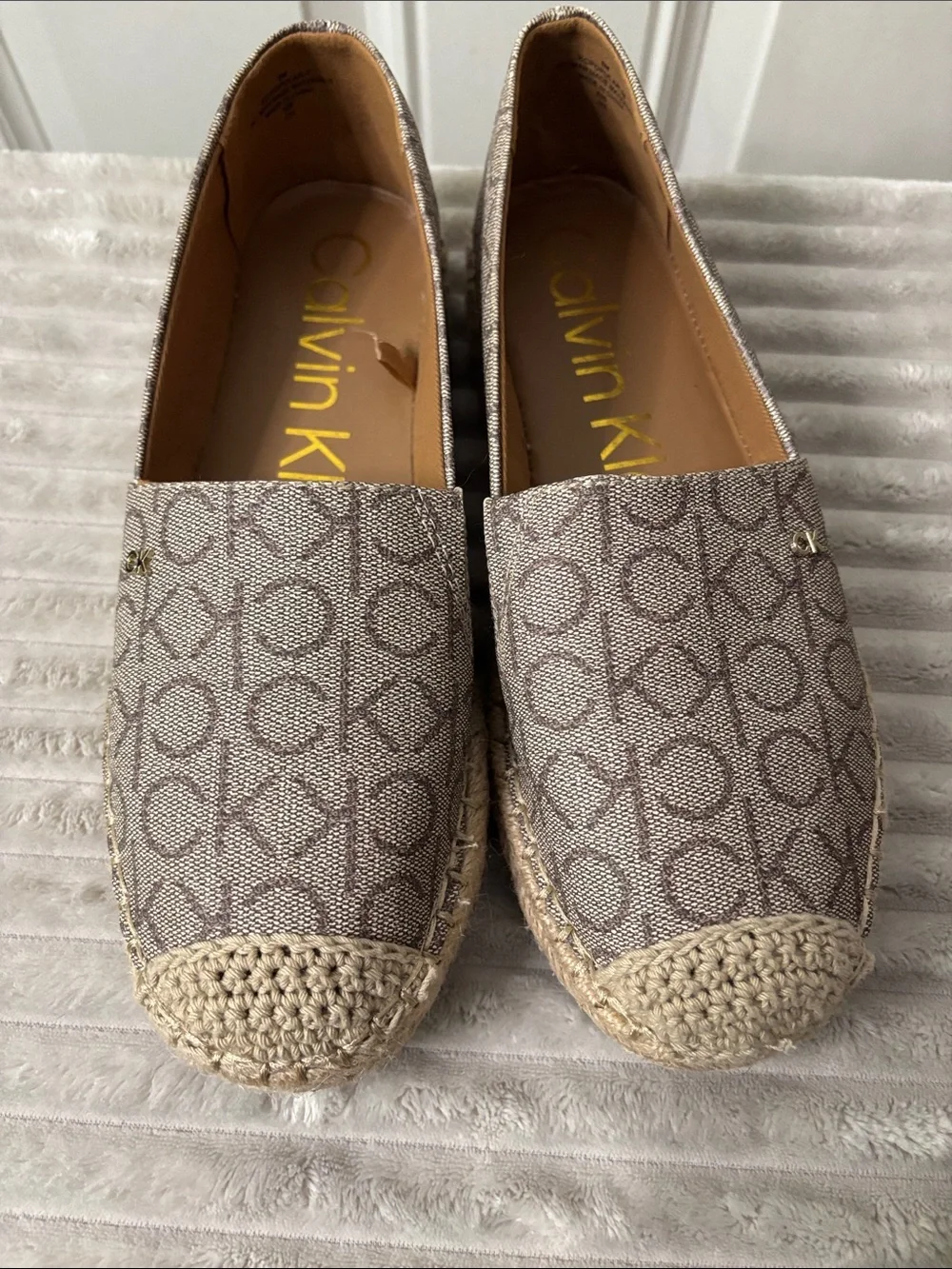 EUC Calvin Klein Taupe CK Monogram Espadrille Flats